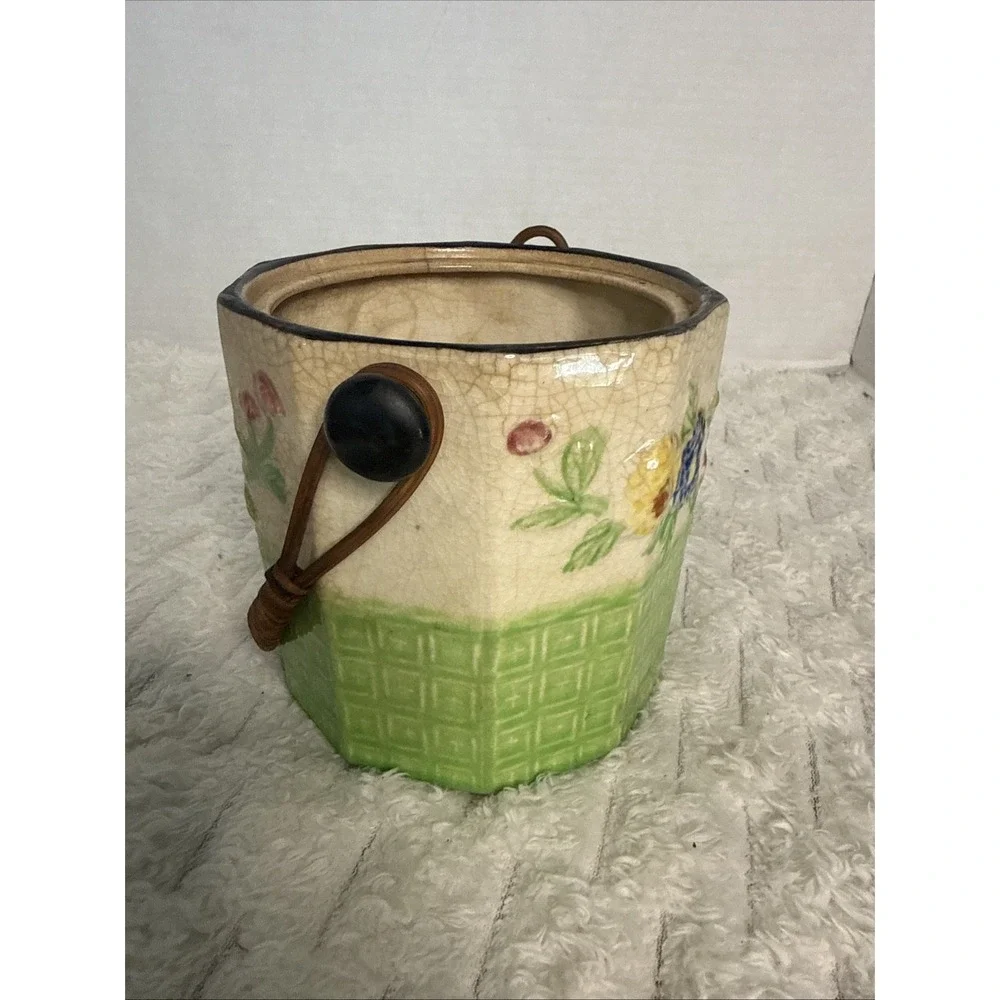 Vintage Handpainted Ceramic Cracker Biscuit Jar Rattan Basketweave Cottagecore
